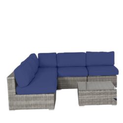 6 Piece Wicker Patio Furniture Set With Cushions, All Weather - Gray Mix / Navy Blue