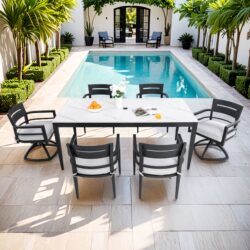 7 Pieces Modern Outdoor Patio Dining Set, Rectangular Dining Table, 4 Chairs & 2 Swivel Rockers, Sunbrella Cushions - Ember Black / White