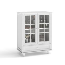 Buffet Cabinet With Double Glass Doors And Drawer, Storage Sideboard Cupboard For Living Room - White