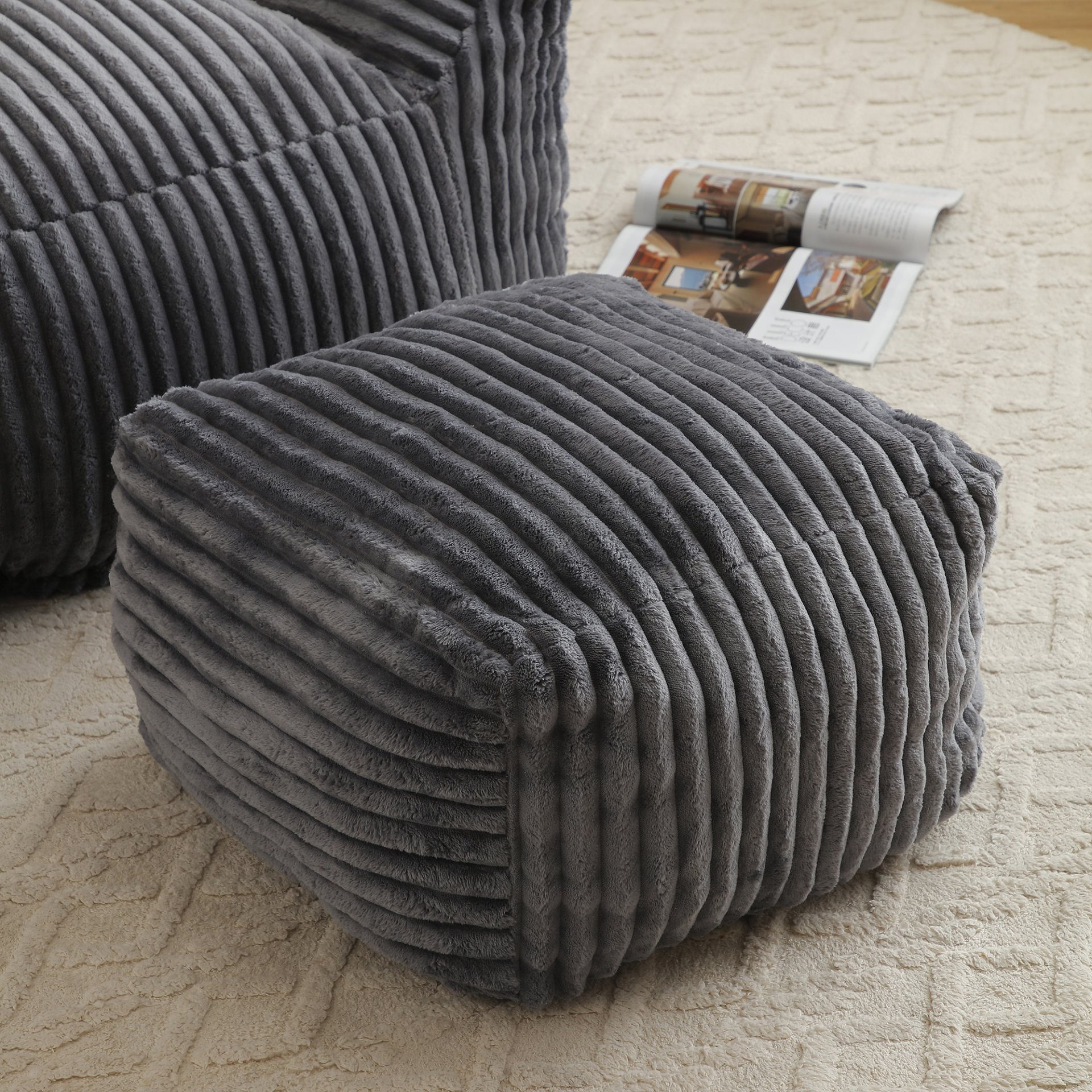 Giant Plush Bean Bag Chair For Adults With Armrests And Footstool, Comfy Corduroy Chaise Lounge - Gray - Image 6