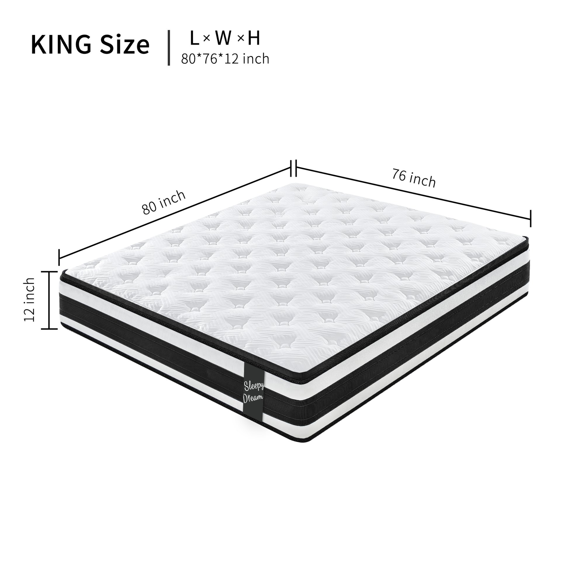 12" King Size Hybrid Mattress 7 Zoned Individual Pocket Spring Breathable Memory Foam Mattress - White / Black - Image 8