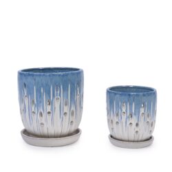 Ceramic Flowerpot With Drainage Hole, 8" Planter For Patio, Garden, Windowsill (Set of 2) - White / Blue