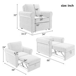 Modern 3 In 1 Convertible Sleeper Chair Bed, Linen Upholstery, Adjustable Backrest - Teal