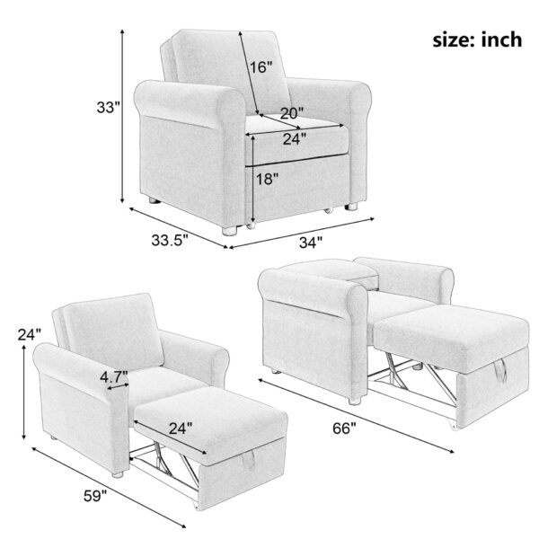 Modern 3 In 1 Convertible Sleeper Chair Bed, Linen Upholstery, Adjustable Backrest - Teal