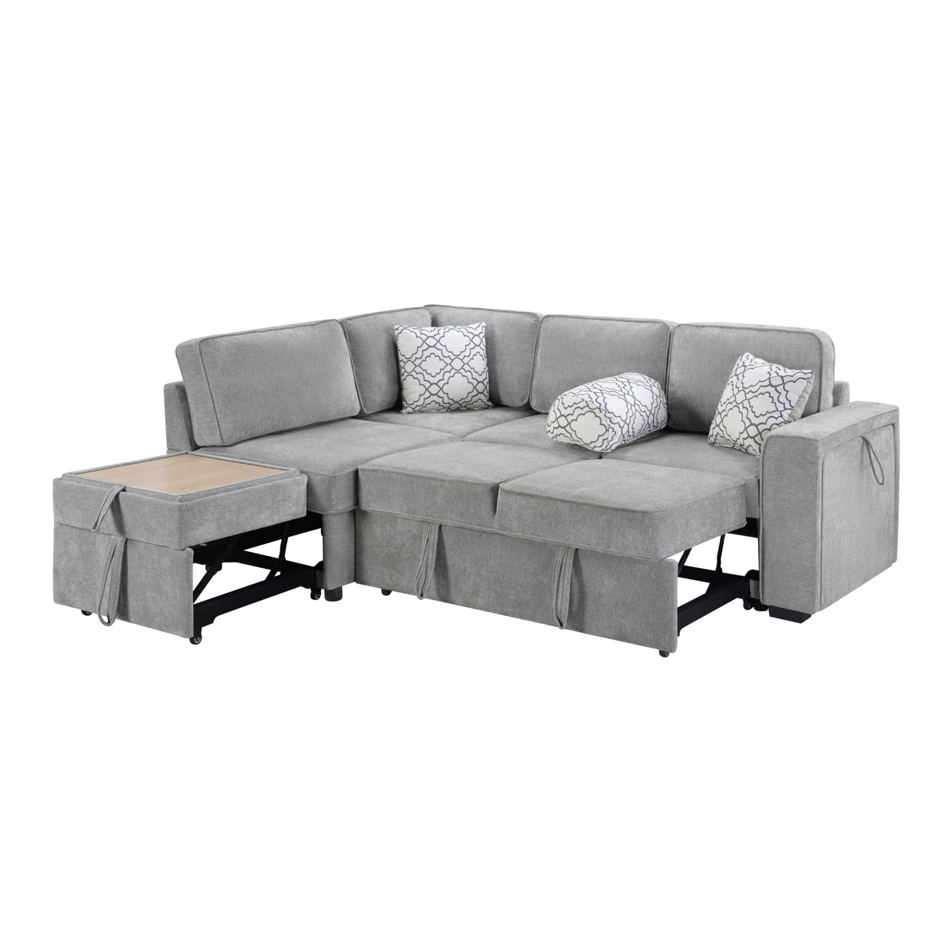 Convertible Sectional Sofa Bed Shaped Sofa With Dual Pull Out Sleepers, Flip Top Table, USB Ports, Cup Holder & Storage - Light Gray - Image 9