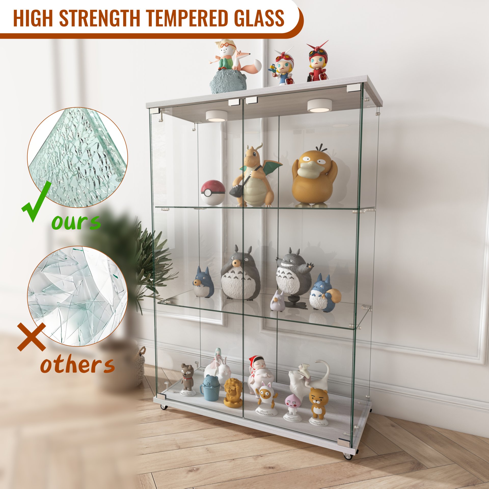 Modern Display Cabinet With LED Lights, Tempered Glass 2 Door Storage Case With 3 Shelves For Living Room - Transparent - Image 15
