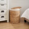 Round Tall Water Hyacinth Woven Wicker Laundry Hamper With Lid For Clothes Canvas Toys And Book Storage With Removable Liner - Natural / Light Brown - Image 2