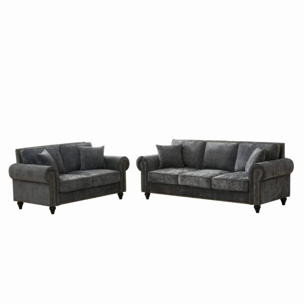 3 And 2 Seater Sofa With Rolled Arms, Tufted Upholstered Couch - Gray