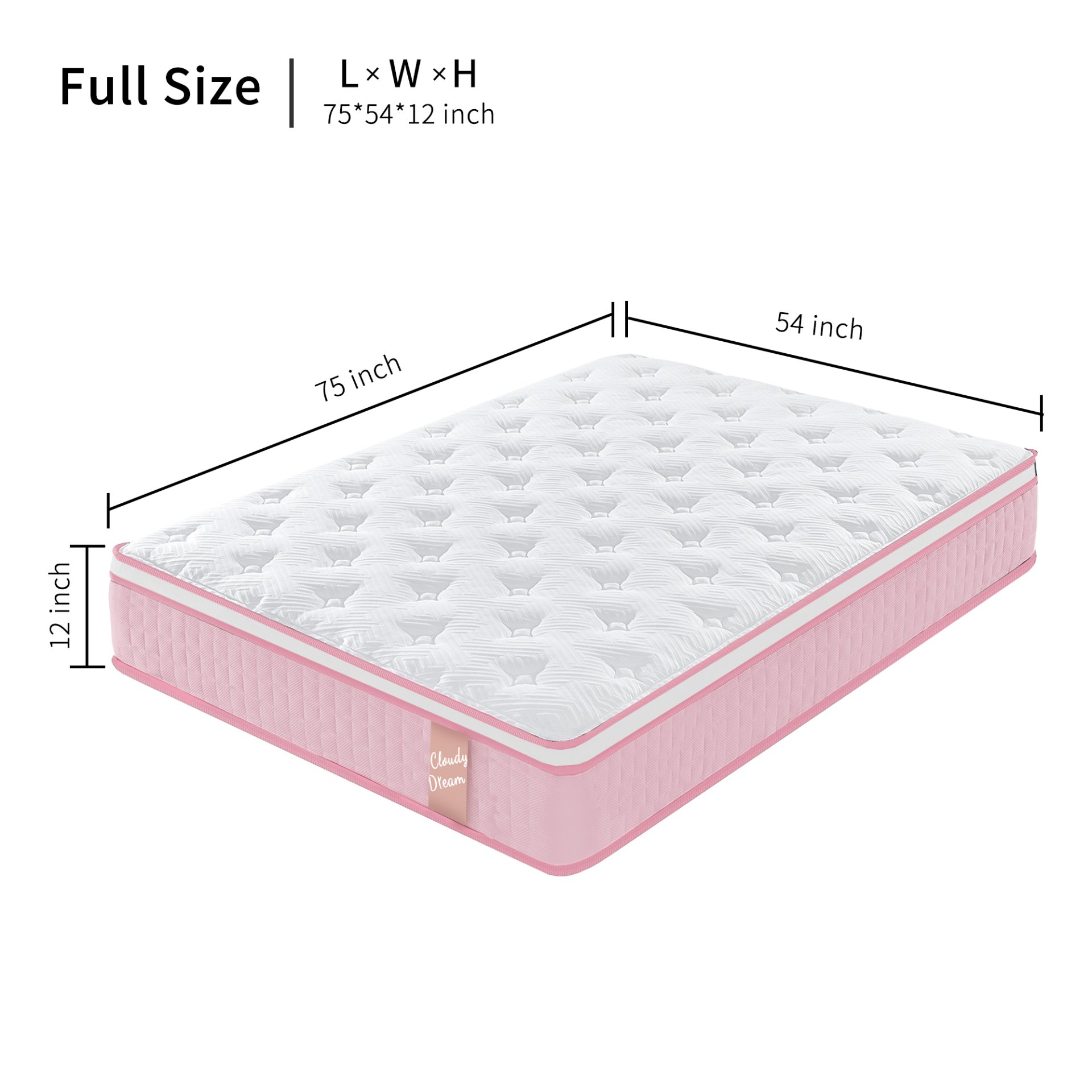 12" Full Size Hybrid Mattress 7 Zoned Individual Pocket Spring Memory Foam Cool Knitted Cover - Pink - Image 7
