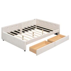 Full Size Upholstered Platform Bed With USB Ports And Storage Drawers - Beige