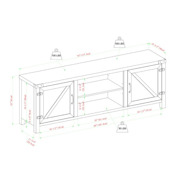 Rustic Farmhouse Double Barn Door 70" TV Stand For 80" TVs With Center Shelves - Stone Gray