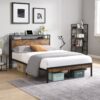 King Size Metal Platform Bed Frame With Wooden Headboard And Footboard With USB Liner, No Box Spring Needed, Large Under Bed Storage - Brown - Image 2