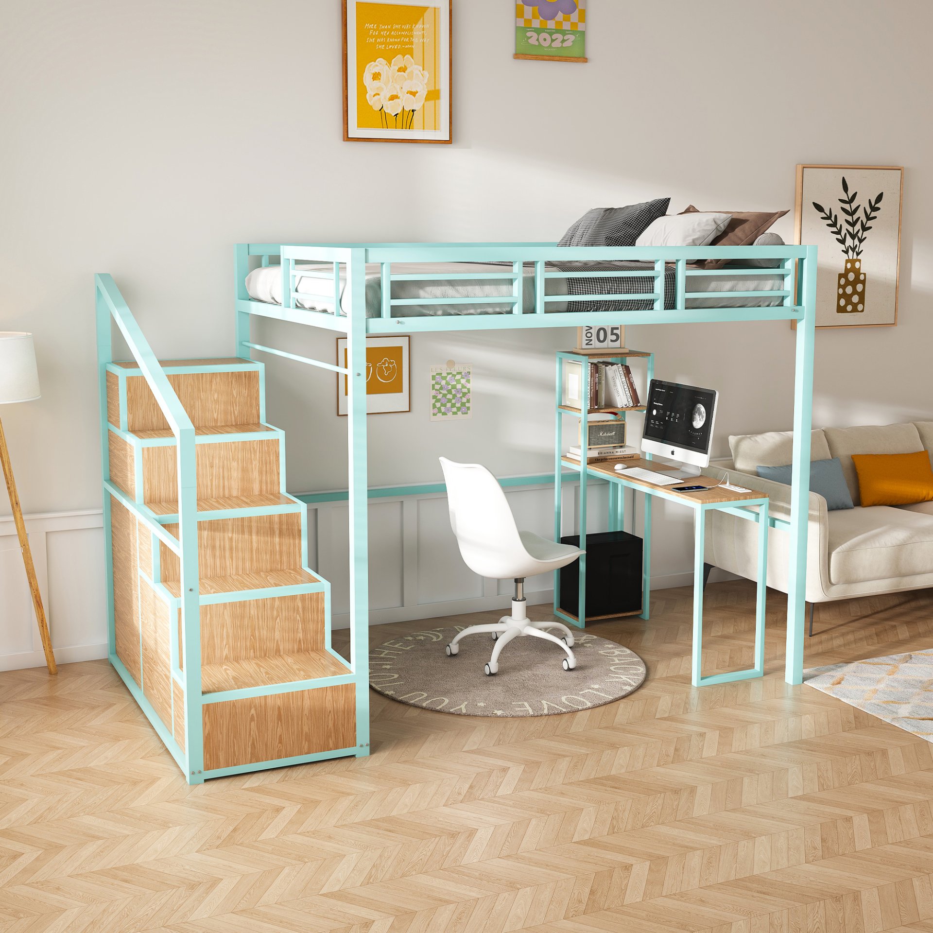 Heavy Metal Frame Full Loft Bed With Desk & Storage, 4 Cabinets, Staircase, Rack Space Saver - Green - Image 15