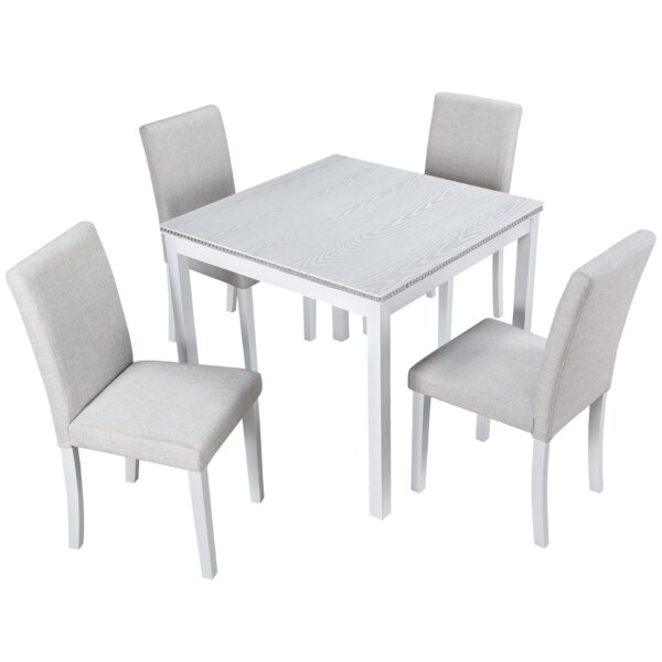 5 Piece Wooden Dining Table Set, Kitchen Table Set With 4 Upholstered Chairs, Wooden Table With Crystal Decoration And Chairs Set For Kitchen, Dining Room - White