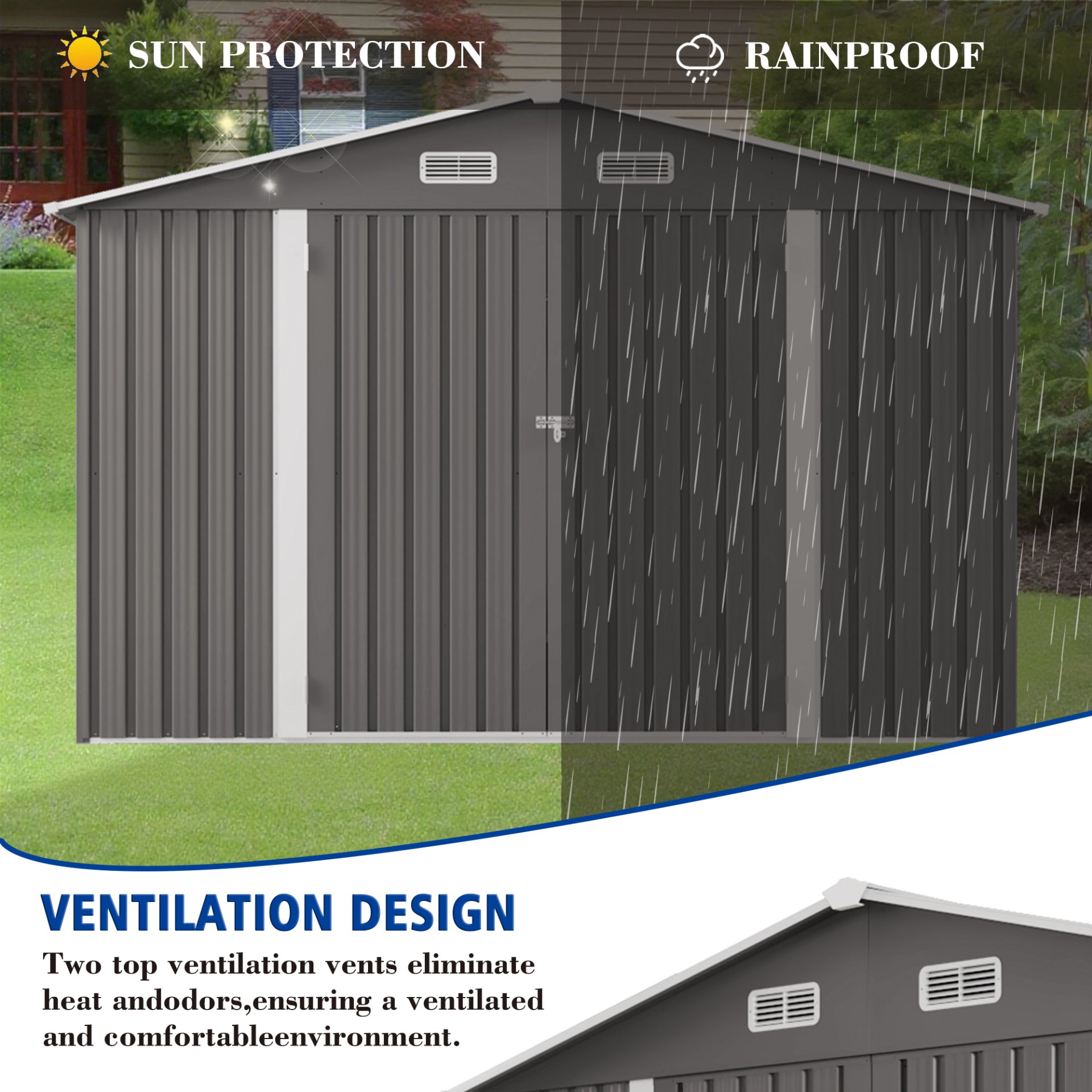 Large Metal Outdoor Storage Shed With Lockable Door, Air Vent, And Clear Window For Garden Tools And Bicycles - Gray - Image 6