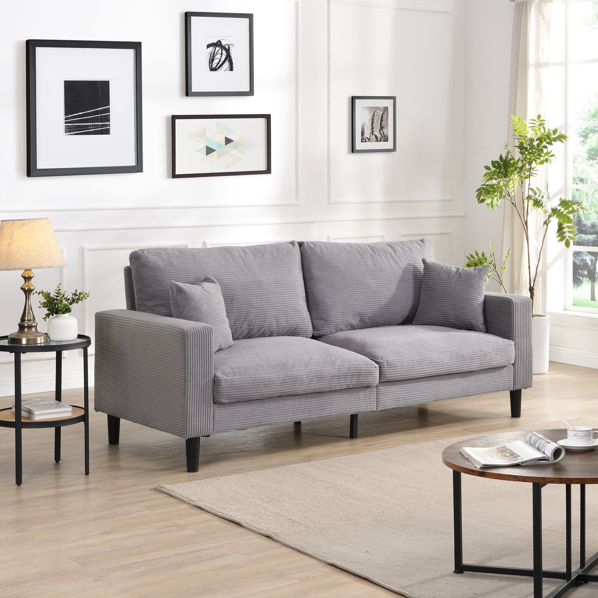 Modern Upholstered 3 Seater Sofa, High Resilience With Wooden Frame - Light Gray - Image 4