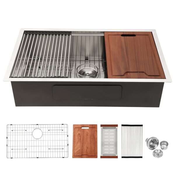 28" X 19" X 10" Single Bowl Undermount Workstation Kitchen Sink 16 Gauge - Brushed Nickel