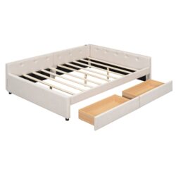 Queen Size Platform Bed With USB Ports And 2 Storage Drawers - Beige