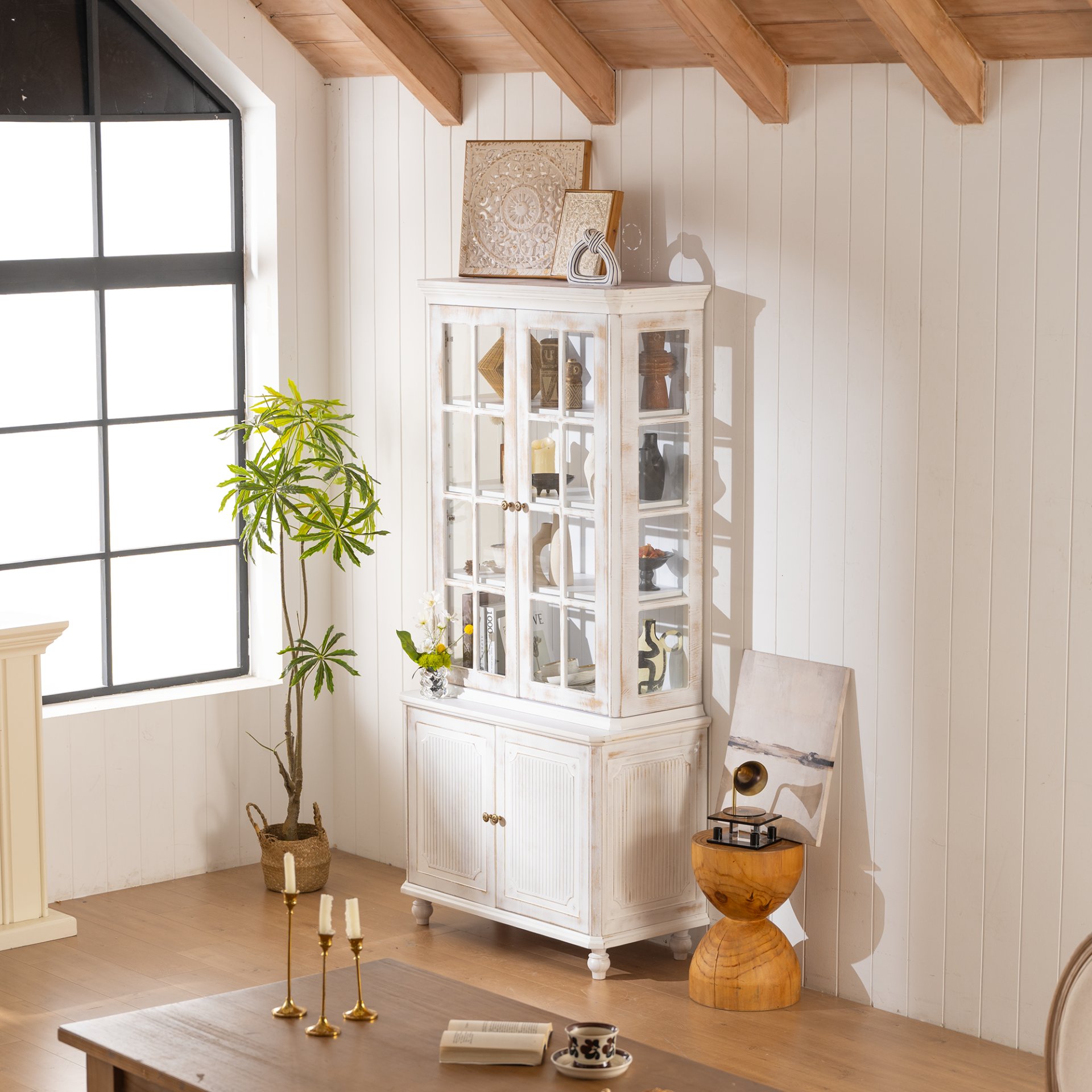 Vintage Display Cabinet With Double Glass Doors, Traditional Style Hutch For Home Or Workspace Washed - White Washed - Image 10