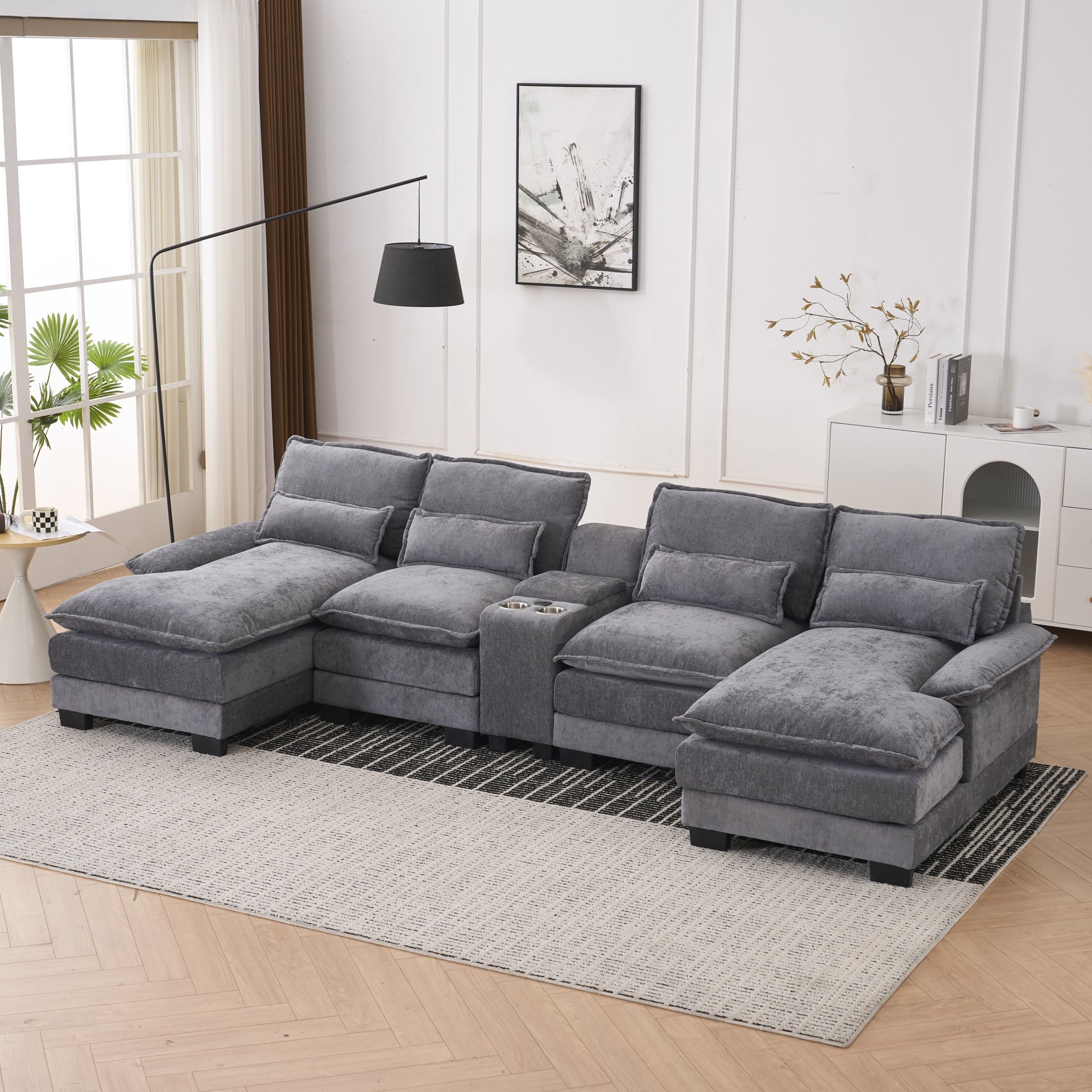 U Shaped Sofa With Console, Cupholders, USB Ports, 6 Seat Upholstered Symmetrical Sleeper Couch - Gray - Image 5
