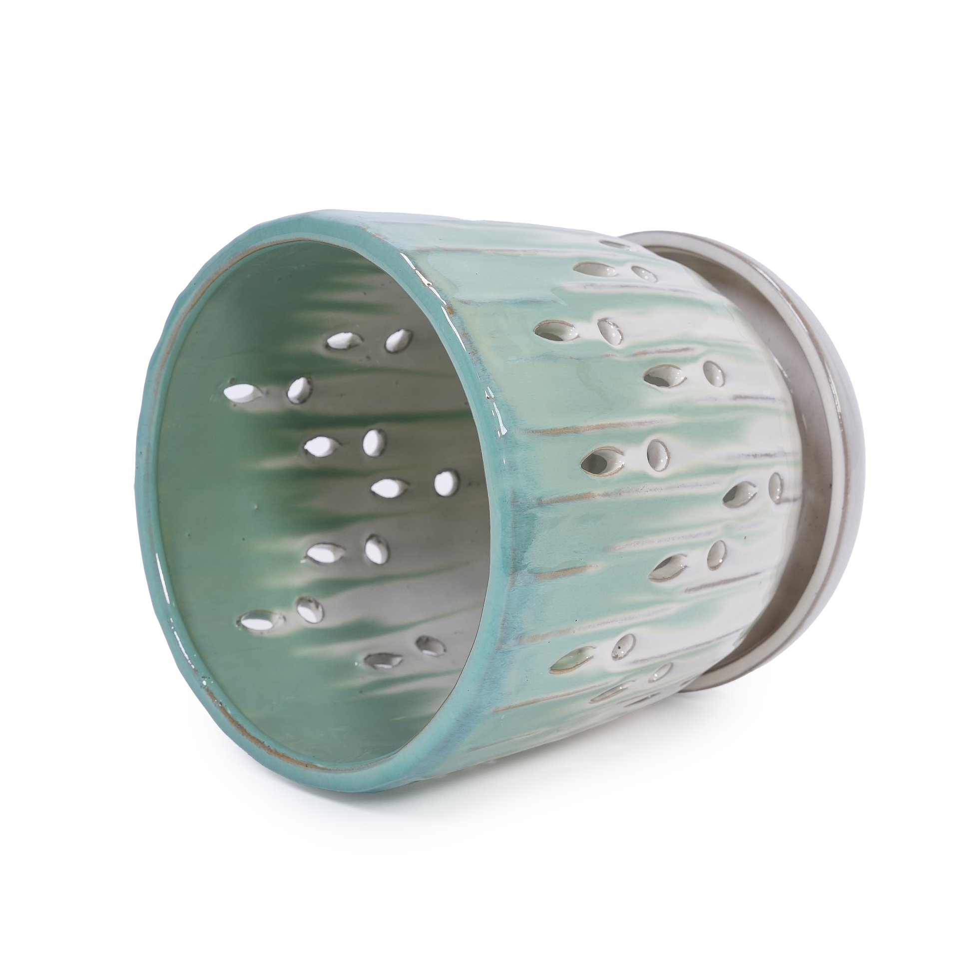 Ceramic Flowerpot With Drainage Hole, 8" Planter For Patio, Garden, Windowsill (Set of 2) - White / Green - Image 11