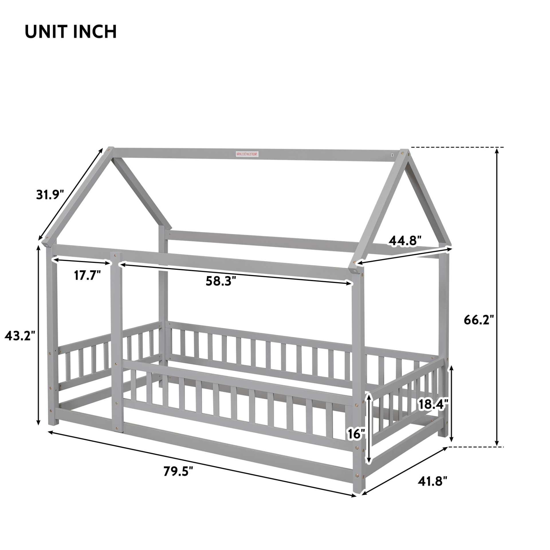 Twin Size Floor Wooden Bed With House Roof Frame, Fence Guardrails - Gray - Image 3