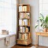 6 Tier Rotating Bookshelf With Wheels And Drawer, 360° Spinning Design, Space Saving Storage, For Home And Office - Wood - Image 10