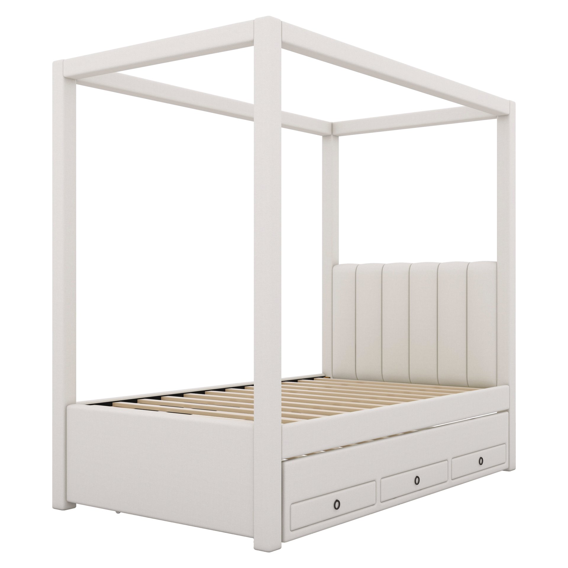 Twin Size Upholstery Canopy Platform Bed With Trundle And Three Storage Drawers - Beige - Image 6