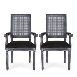 French Country Style Dining Chair With Cane Backrest And Polyester Upholstery - Black
