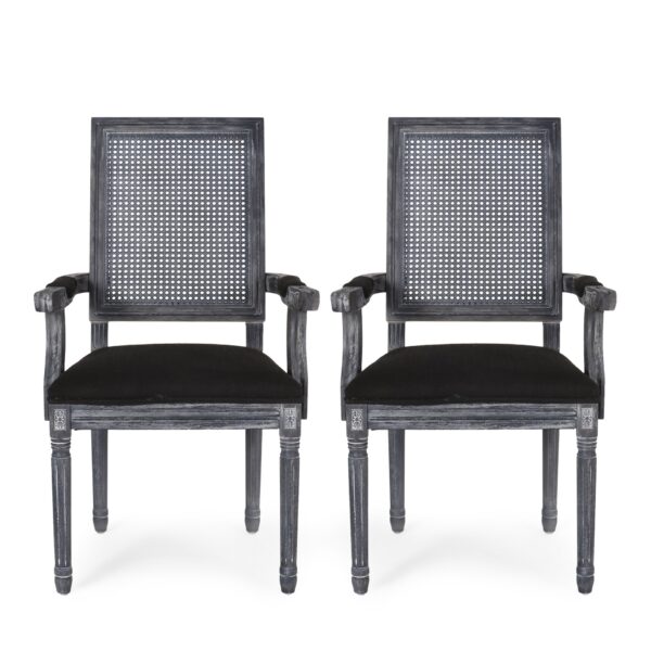 French Country Style Dining Chair With Cane Backrest And Polyester Upholstery - Black