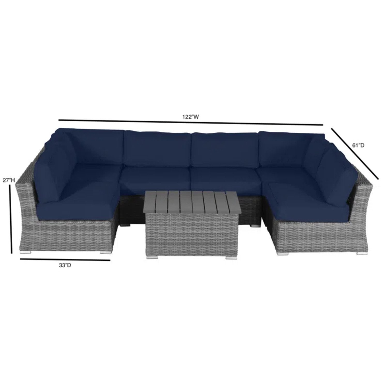 4 Person Wicker Seating Group With Sunbrella Fabric - Gray Mix / Navy Blue - Image 3
