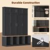 Farmhouse Hall Tree With 4 Hidden Hanging Hooks, Versatile Seating Bench With 8 Doors, Entryway Shoe Cabinet With Open Compartments For Living Room - Black - Image 7