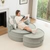 Modern Oversized Round Barrel Accent Chair With Ottoman Velvet Upholstered Lounge Armchair With 5 Pillows For Living Room Or Bedroom - Green - Image 17
