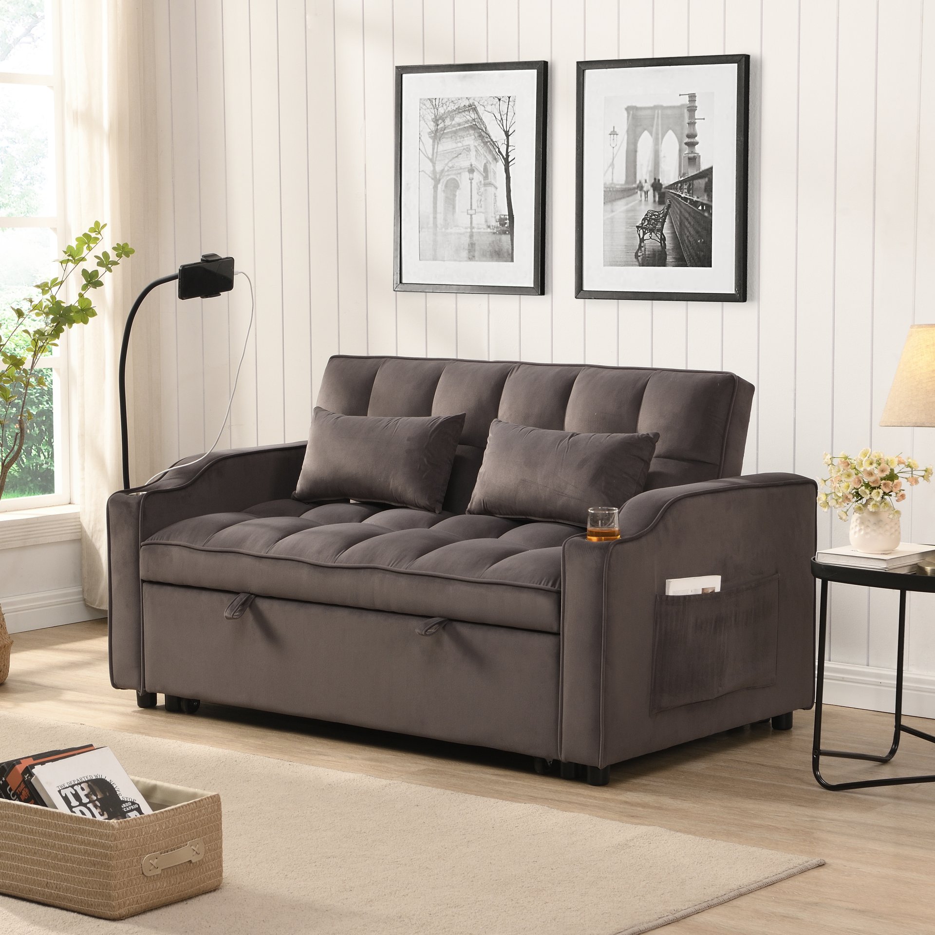 Contemporary Velvet Sofa Bed With Trundle - Charcoal Gray - Image 5