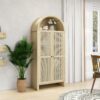 Tall Arched Kitchen Pantry, Arched Storage Display Cabinet With 2 Drawers & Adjustable Shelves, Rattan Door Versatile Storage Cabinet For Kitchen, Dining Room - Natural - Image 5