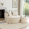 Modern Oversized Round Barrel Accent Chair With Ottoman Velvet Upholstered Lounge Armchair With 5 Pillows For Living Room Or Bedroom - Beige - Image 5