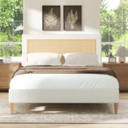 Haley - Queen Upholstered Cane Back Platform Bed - Antique White