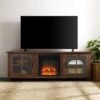 Modern Farmhouse 2 Door Glass Windowpane 70" Fireplace TV Stand For 80" TVs - Dark Walnut - Image 4