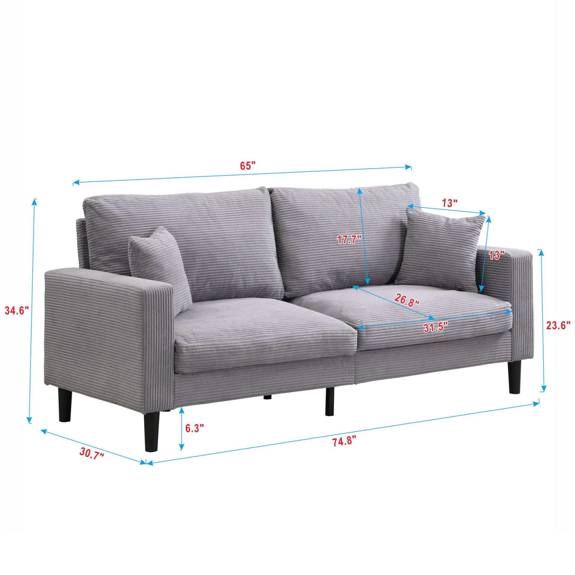 Modern Upholstered 3 Seater Sofa, High Resilience With Wooden Frame - Light Gray - Image 3