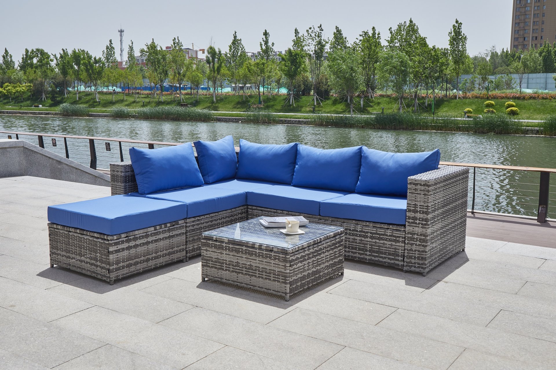 Luxurious Comfort Patio Sofa With Cushions - Blue / Gray - Image 4