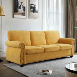 Soft Sofa, Upholstered 3 Seater Couch With High Density Foam, Loose Back Cushions And Turned Legs - Mustard Yellow