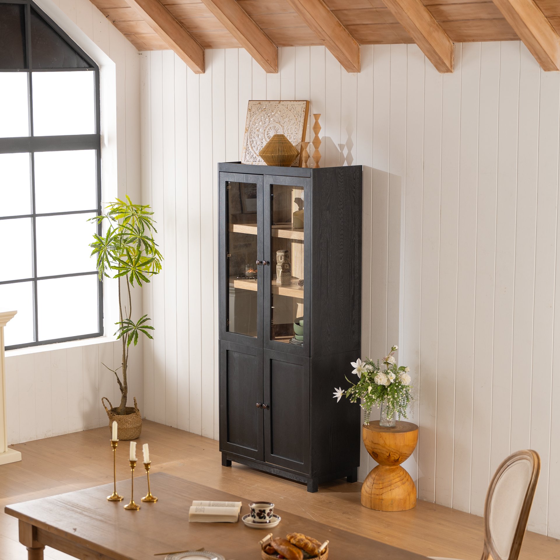 Mid Century Modern Style Tall Display Cabinet With Glass Doors For Collectibles - Black - Image 8