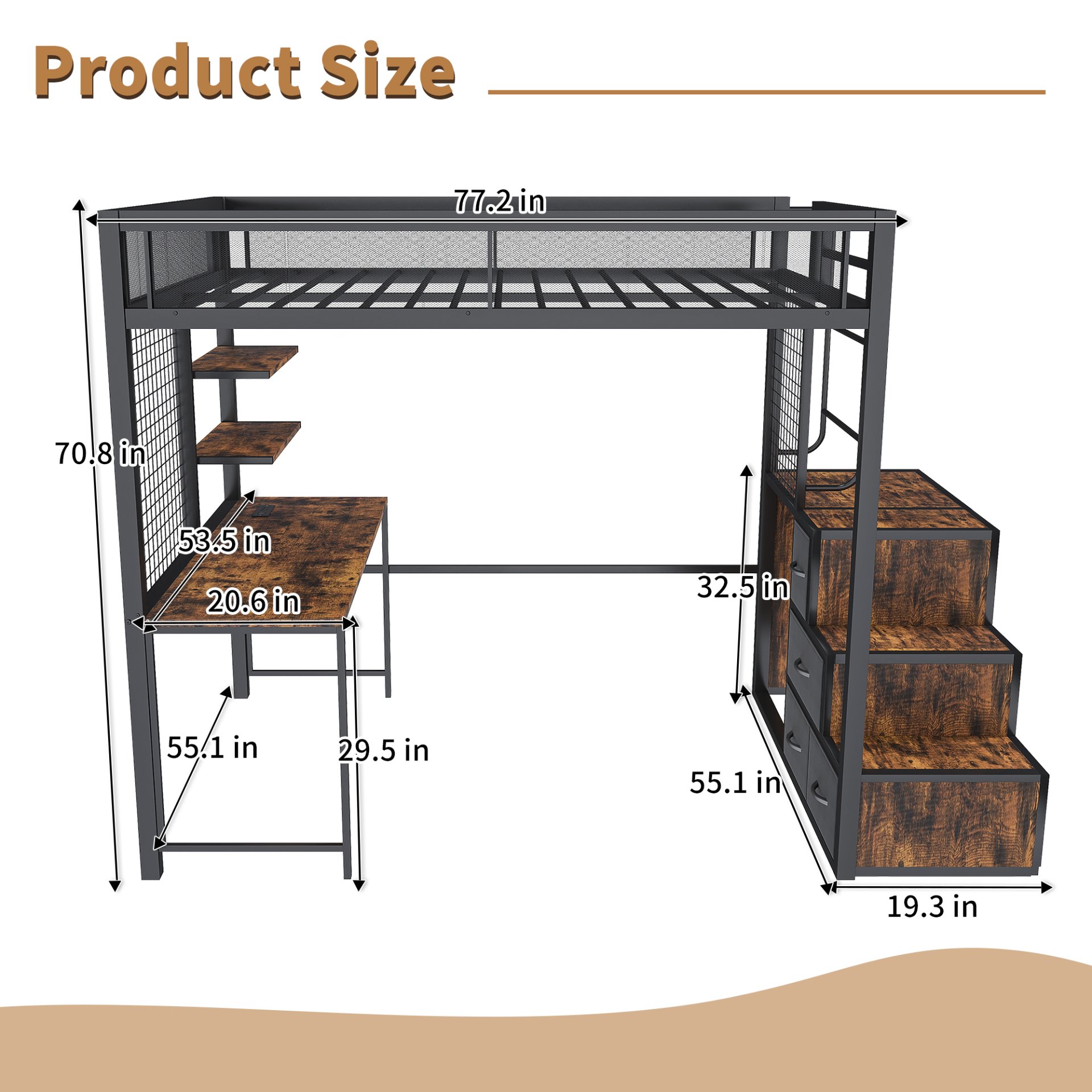 Heavy Duty Full Loft Bed With Desk & USB Charging Metal Frame With Storage Drawers And Staircase - Black - Image 3