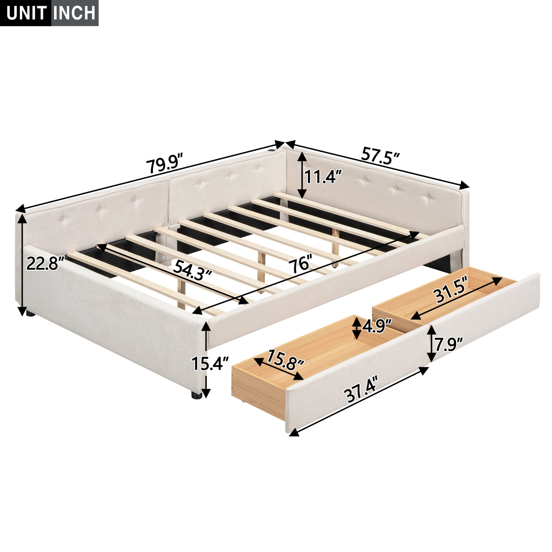 Full Size Upholstered Platform Bed With USB Ports And Storage Drawers - Beige - Image 3