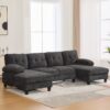 U Shaped Sectional Sofa Couch With Dual Chaise Lounges, Storage Pockets, Armrest Pillows - Black - Image 3
