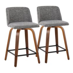 Toriano - Mid-Century Modern Fixed Height Counter Stool With Swivel With Square Footrest (Set of 2) - Walnut / Gray