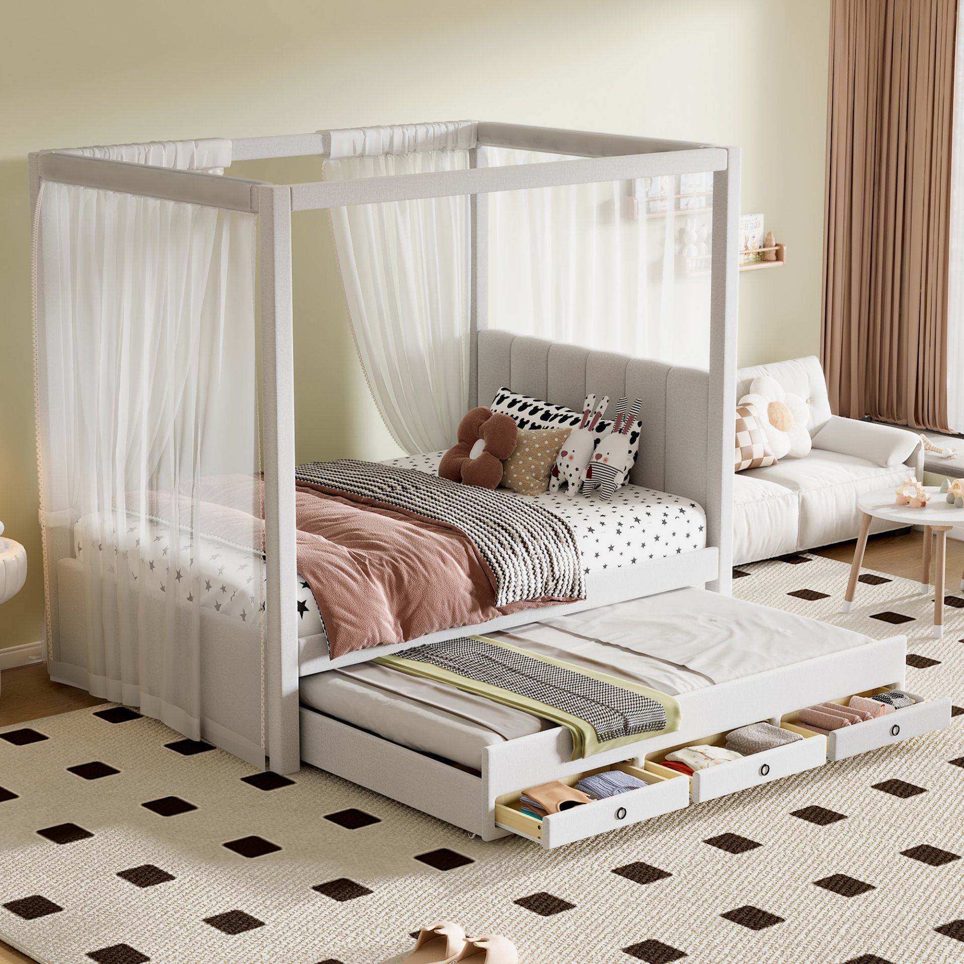 Twin Size Upholstery Canopy Platform Bed With Trundle And Three Storage Drawers - Beige - Image 4