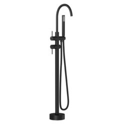 Freestanding Bathtub Faucet Floor Mount Tub Filler With Swivel Gooseneck Spout And Cylinder Handheld - Matte Black