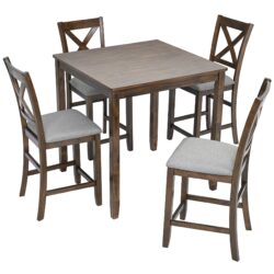 5 Piece Dining Table Set, Wooden Dining Square Table Set For 4, Counter Height Kitchen Table Set With Square Table And 4 Upholstered Chairs For Small Space - Walnut