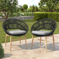 Cyril - Outdoor Wicker Papasan Style Dining Chair (Set of 2) - Dark Gray / Teak